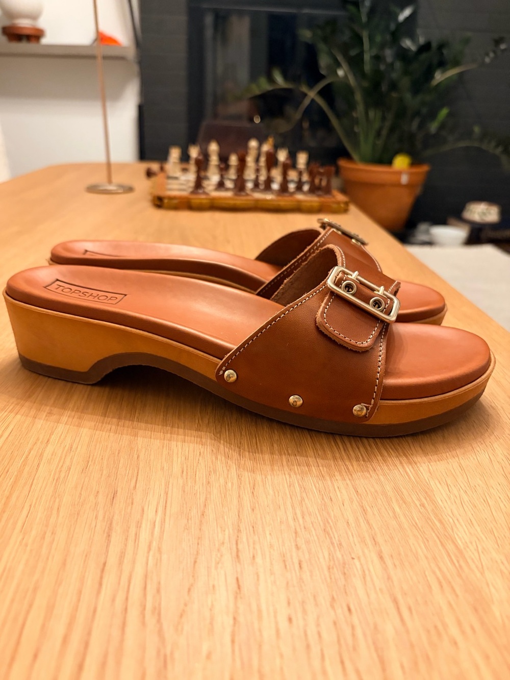 ASOS Topshop brown leather buckle platform mule sandals Size 10.5